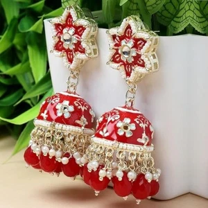 Red & White Studded Star Shaped Women Kundan-Pearls Earrings For Gifting - Picture 1 of 6