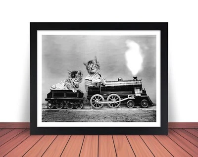 Framed KITTEN TRAIN ENGINE Photo Picture CATS RAILROAD - 8x10 or 11x14 (W10) - Image 1 of 4