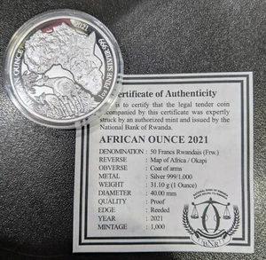 2021 Rwanda 1 oz Silver African Ounce Okapi Proof W/ COA 1000 minted! - Picture 1 of 1