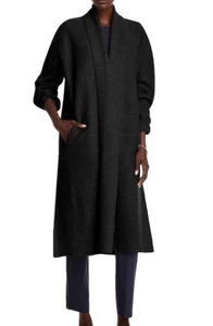 Nuevo con etiquetas Abrigo ligero de lana hervida cuello alto Eileen Fisher fácil ajuste negro L 428 - Imagen 1 de 7