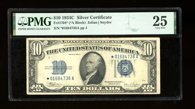 DBR 1934-C $10 Silver STAR Fr. 1704* PMG 25 Serial *01684738A - Image 1 of 2