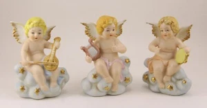 Cherub Angel Cloud Figurine Bisque Music Harp Tambourine Violin Set of 3 Homco - Bild 1 von 11
