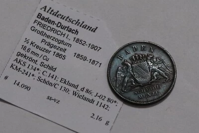 🧭 🇩🇪 GERMANY BADEN DURLACH 1/2 KREUZER 1865 SHARP DETAILS B79 #Z7633 - Image 1 of 2
