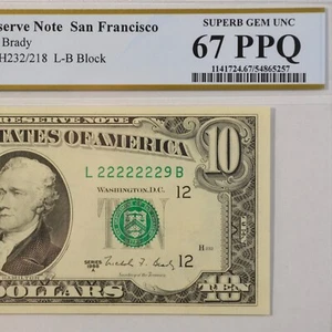 $10 Fancy Serial Note 7 In A Row Near Solid Series 1988A PCGS 67PPQ - L22222229B - Picture 1 of 4
