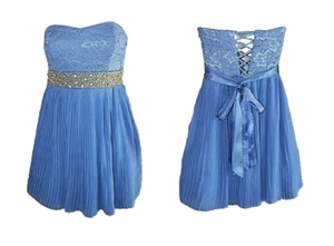 My Michelle Blue Dress Rhinestone Waist Strapless Lace Up Back NWT Juniors 1 - Picture 1 of 7