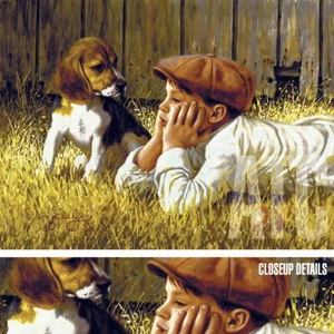 40W"x30H" THE CONVERSATION by JIM DALY - MLB VINTAGE BASEBALL BOY PUPPY CANVAS - Picture 1 of 7