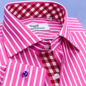 Camisa de vestir formal de negocios a rayas rosa cheques sin arrugas puños franceses video - Imagen 1 de 11