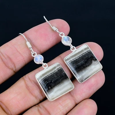 Pendientes hechos a mano de piedra lunar arco iris ágata de calcita enchapados en plata 925 de 2,09" Foto 1 de 3