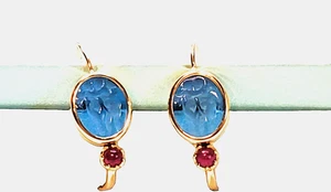 14K Yellow Gold Earrings Blue Glass Intaglio Cherubs Ruby Cabs Leverbacks 3.8 gr - Picture 1 of 16