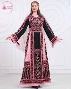 Palestinian Women Embroidered Thobe Dress Tatreez Wide Sleeves with Scarf Veil - Picture 1 of 15