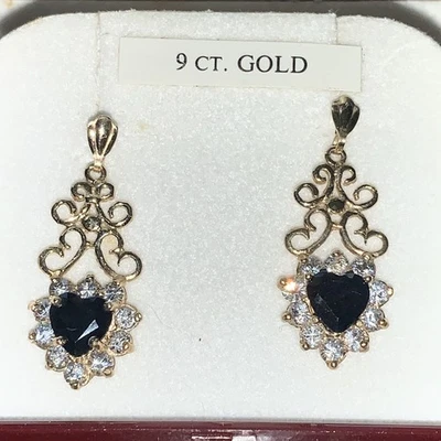 Sapphire and Diamond heart open work  Earrings 9ct Gold.Vintage.2.6gr Ref(Ea1.32 - Image 1 of 4