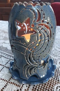 Studio Art Pottery Candle Holder Luminary Star Design Blue 8" Murney Melroy 2003 - Picture 1 of 15