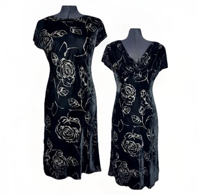 VTG 10P Black Cowl Back Velvet Burnout Floral Lined Slip Dress Flutter Sleeve - Image 1 of 4