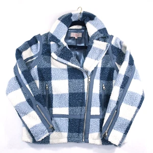 Laurie Felt Womens S Moto Jacket Blue Shearling Buffalo Check Zip Front Plaid - Picture 1 of 12