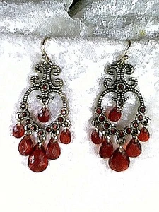 Red Faceted Teardrop Earrings Beads & Crystals Antiqued Goltdone Dangles  - Picture 1 of 1