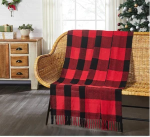 Christmas Red Black Buffalo Plaid Woven Throw Blanket 50x60 Country Farmhouse - Picture 1 of 3