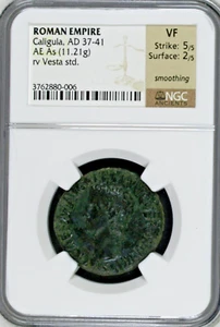 37-41 Roman Empire Caligula AE As rv Vesta std. NGC VF Strike 5/5 Surface 2/5 - Picture 1 of 2