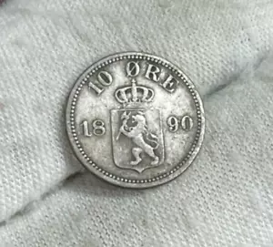 1890 Norway 10 Ore Silver Coin High Value - Picture 1 of 7