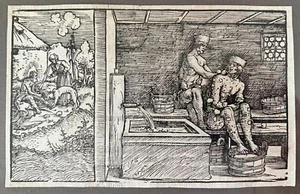 *Circa 15th Century* - Bloodletting Framed Woodcut - "A Patient at a Bathhouse" - Picture 1 of 10