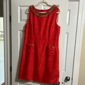 Talbots Women's Coral Sleeveless Shift Dress with Colorful Fringe Size 16 - Picture 1 of 8