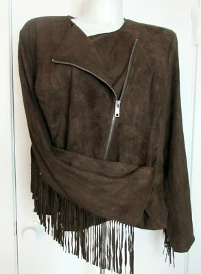 Lane Bryant WOMEN 26/28 Brown Faux Suede Fringe Zip Moto Jacket NWT $120 *CUTE* - Image 1 of 4