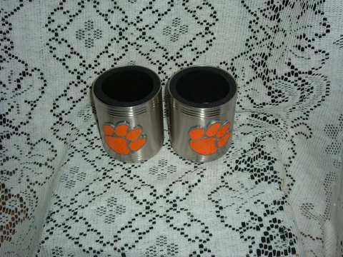 CLEMSON UNIVERSITY TIGERS PAW STAINLESS STEEL CAN  HOLDER 4" TALL SET OF TWO NEW Cover