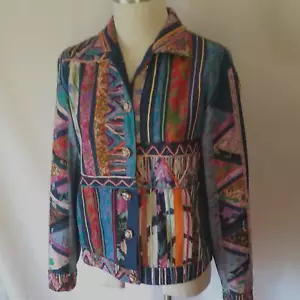 Sandy Starkman Artsy Seide Denim Mischgewebe Jacke Boho Glitzer Knopf Größe L - Bild 1 von 14