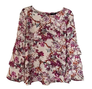 Liz Claiborne Pink Multi Floral Ruffle Bell Tier Sleeve Flowy Blouse SZ MEDIUM - Picture 1 of 9