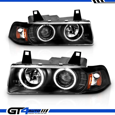 1992-1998 BMW E36 3-Series 2 Door Coupe LED Halo Black Projector Headlights Pair - Image 1 of 4