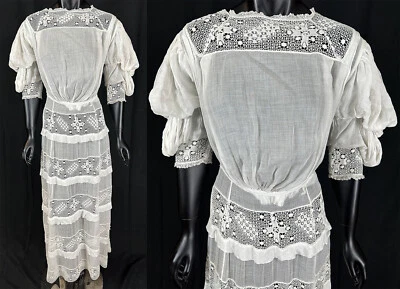 Edwardian White Cotton Batiste Bobbin Lace Cross Puffed Sleeve Ruffle Dress VTG - Image 1 of 2