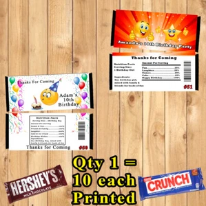 Emoji Birthday Favors 10 ea Candy Bar Wrappers Personalized Custom Made - Picture 1 of 5