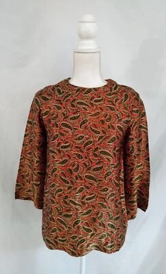 60's Vintage Shirt Top Boho Paisley Satin Shine Zipper Back Golden Red Brown S - Image 1 of 4