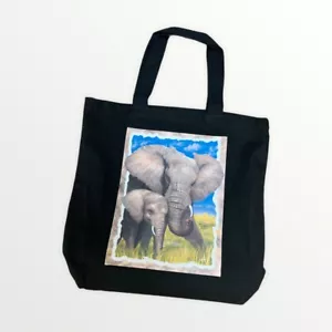 Borsa Tote Elephant 16"X17" Nera Grafica Inserto Fondo Spiaggia Scuola Tutti i Giorni NUOVA - Foto 1 di 2