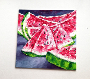 Stillleben Wassermelonen Scheibe Ölgemälde,Obst Küche Original Kunst 24x24 cm