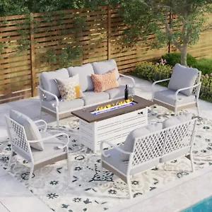7 Seat Patio Furniture Set with Fire Pit Table Outdoor Conversation Sofa Set - Picture 1 of 13