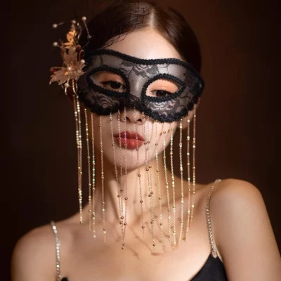 Black Lace Tassel Chain Mask Masquerade Eye mask Sexy Women - Image 1 of 3