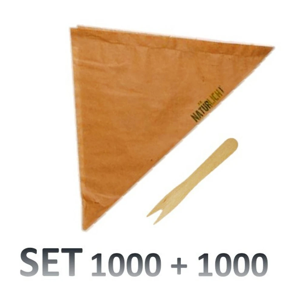 BIO Pommestüten 1000 Stk. Pommes Tüten Spitztüten braun & Holz Gabeln Piecker - Bild 1 von 1