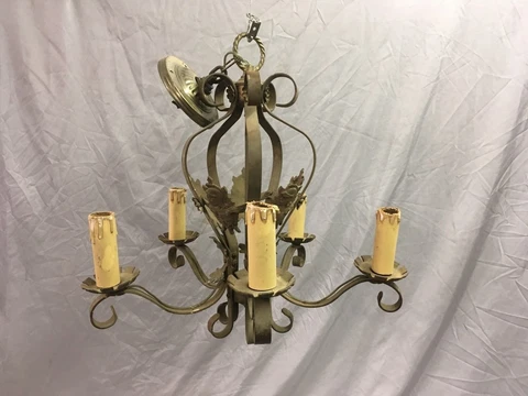 Antique Wrought Iron Chandelier Light Fixture Figural Tin Tole Old Vtg 40-18E Cover