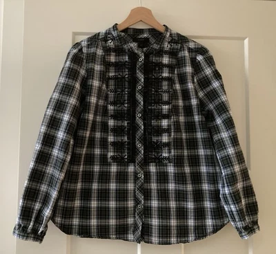 Camisa de vacaciones J CREW para mujer pequeña a cuadros encaje adorno con cuentas cuello banda Foto 1 de 4
