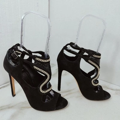 Brian Atwood Lollita 黑色麂皮绒皮革链条高跟鞋连衣裙凉鞋,8 码 — 第 1/4 张图片