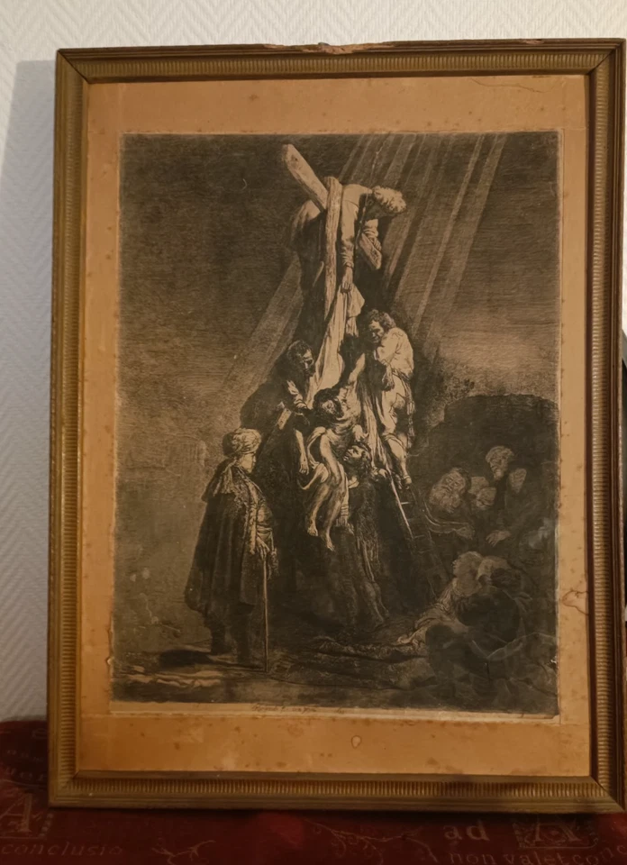 Rembrandt. f. cum pryvl°. 1633  (RARE + Signature)  Eau forte Descente de croix  - Photo 1/4
