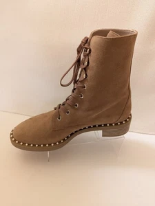 Stuart Weitzman Sondra $695 Beige Suede Pearl Embellished Combat Boots Sz 9 - Picture 1 of 13