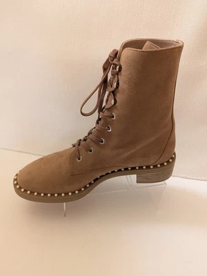 Stuart Weitzman Sondra $695 Beige Suede Pearl Embellished Combat Boots Sz 9 - Image 1 of 4