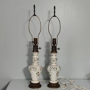 Pair Vtg Homer Laughlin 28" White Dogwood Floral Ceramic Table Lamp Harp Finial - Picture 1 of 22