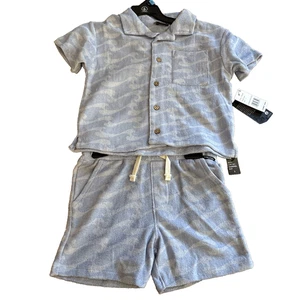 Boys Volcom Terry Cloth Short Shirt Set Blue Waves Button Up Beach Surf New Sz 5 - Picture 1 of 11