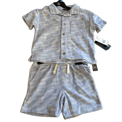 Boys Volcom Terry Cloth Short Shirt Set Blue Waves Button Up Beach Surf New Sz 5 - Image 1 of 4