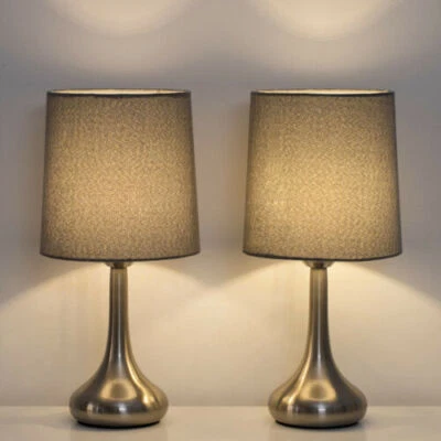 Set of 2 Modern Bedside Table Lamps with Gray Fabric Shade for Bedroom, Office - Image 1 of 4