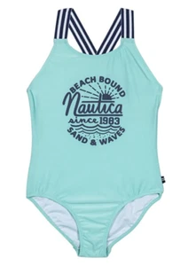 Nautica Girls Medium Aqua Waves One Piece Swimsuit Blue Size M (8/10) 00748 - Picture 1 of 2