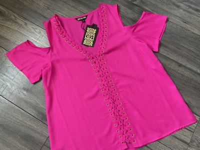 BIBA HOT PINK EYELET COLD SHOULDER BLOUSE SIZE 8 BNWT - Image 1 of 4