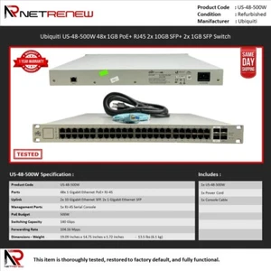 Ubiquiti US-48-500W 48x 1GB PoE+ RJ45 2x 10GB SFP+ 2x 1GB SFP Switch - Afbeelding 1 van 1